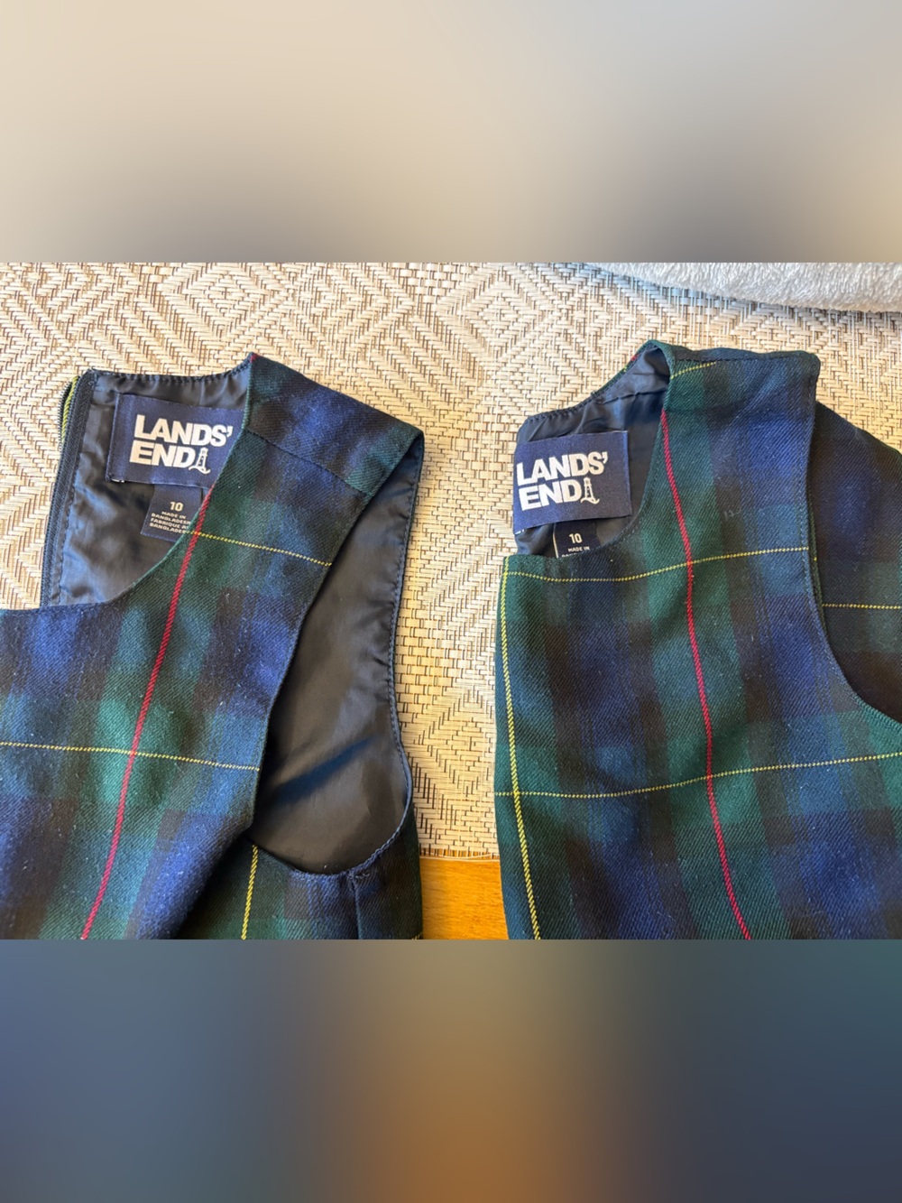 2 Lands' End Girls Navy and Green Plaid (hunter plaid) School Jumpers , size 10